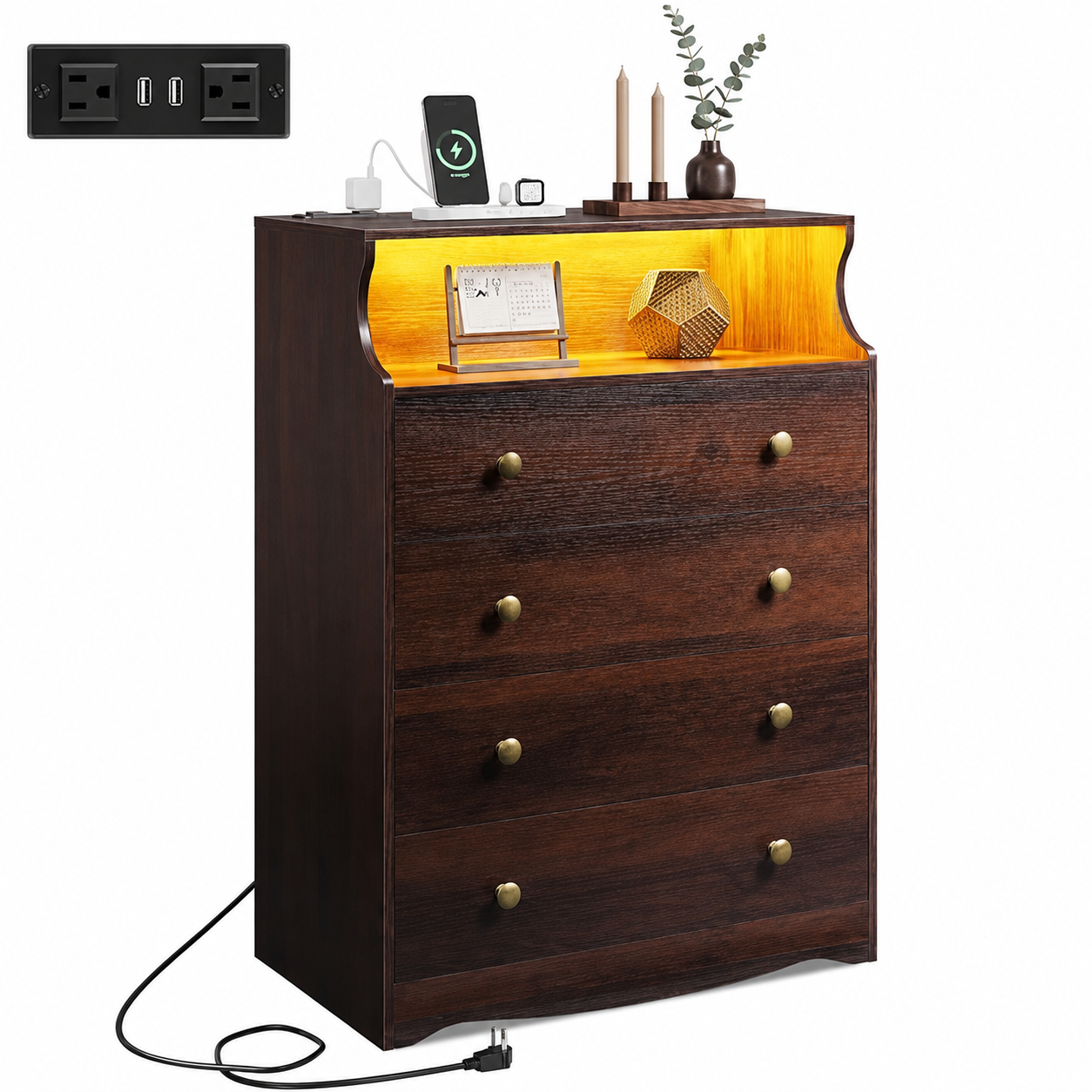 Rustic Brown Tall Wood TV Stand with 4 Drawers & Open Shelf TV Console with Built-in Power Outlet for Living Room, Office
