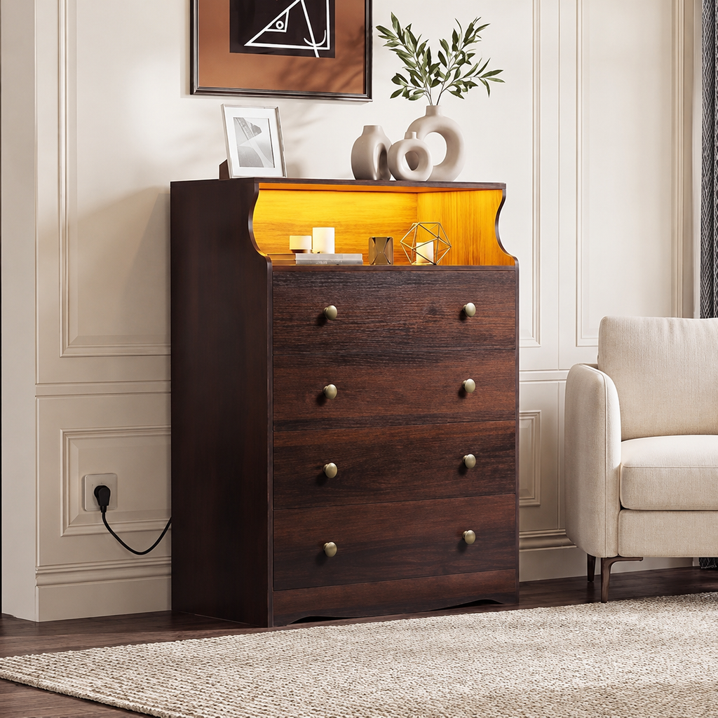 Rustic Brown Tall Wood TV Stand with 4 Drawers & Open Shelf TV Console with Built-in Power Outlet for Living Room, Office