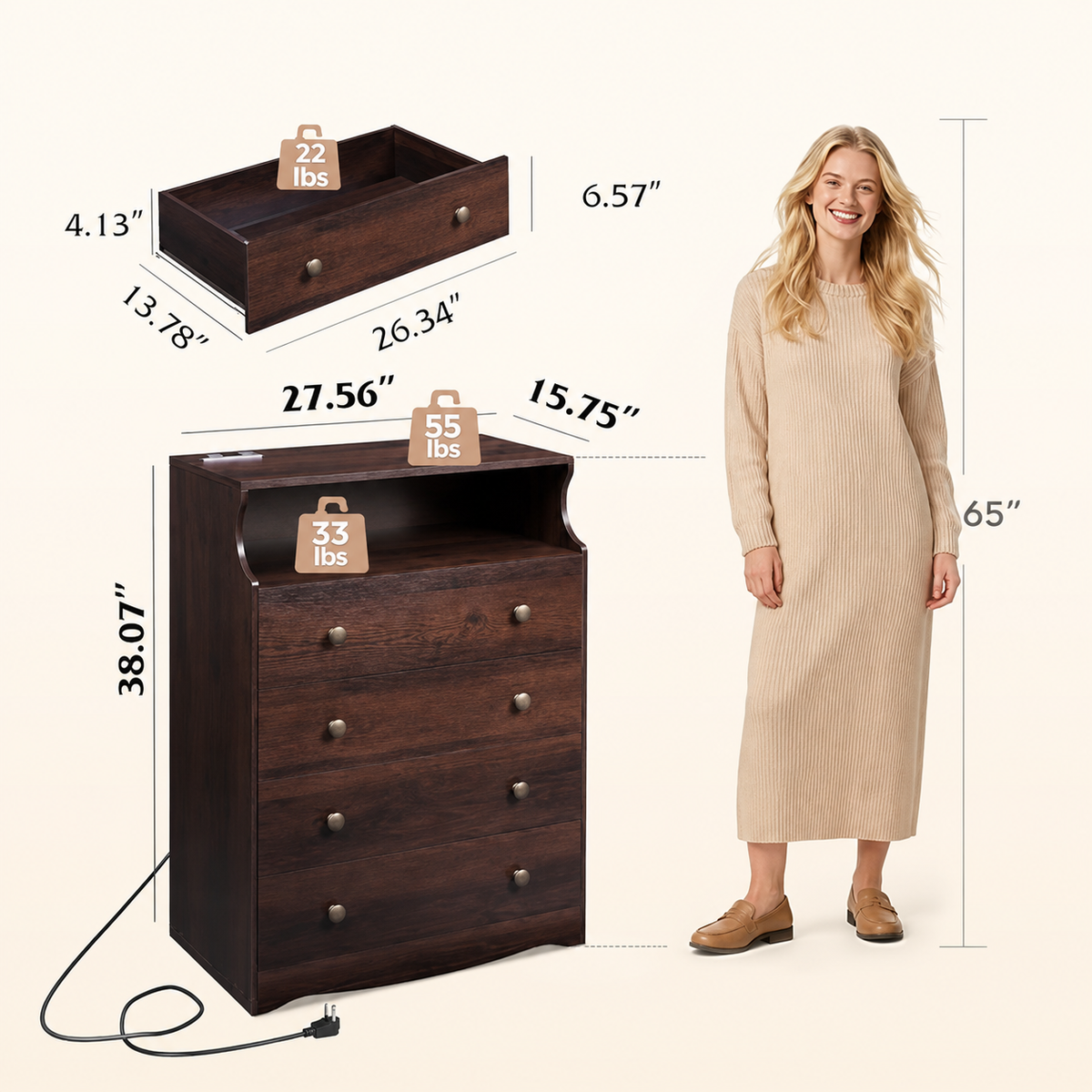 Rustic Brown Tall Wood TV Stand with 4 Drawers & Open Shelf TV Console with Built-in Power Outlet for Living Room, Office