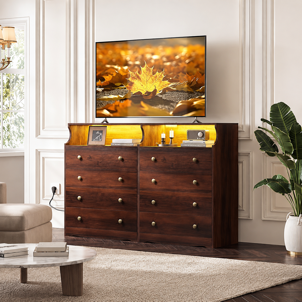 Rustic Brown Tall Wood TV Stand with 4 Drawers & Open Shelf TV Console with Built-in Power Outlet for Living Room, Office