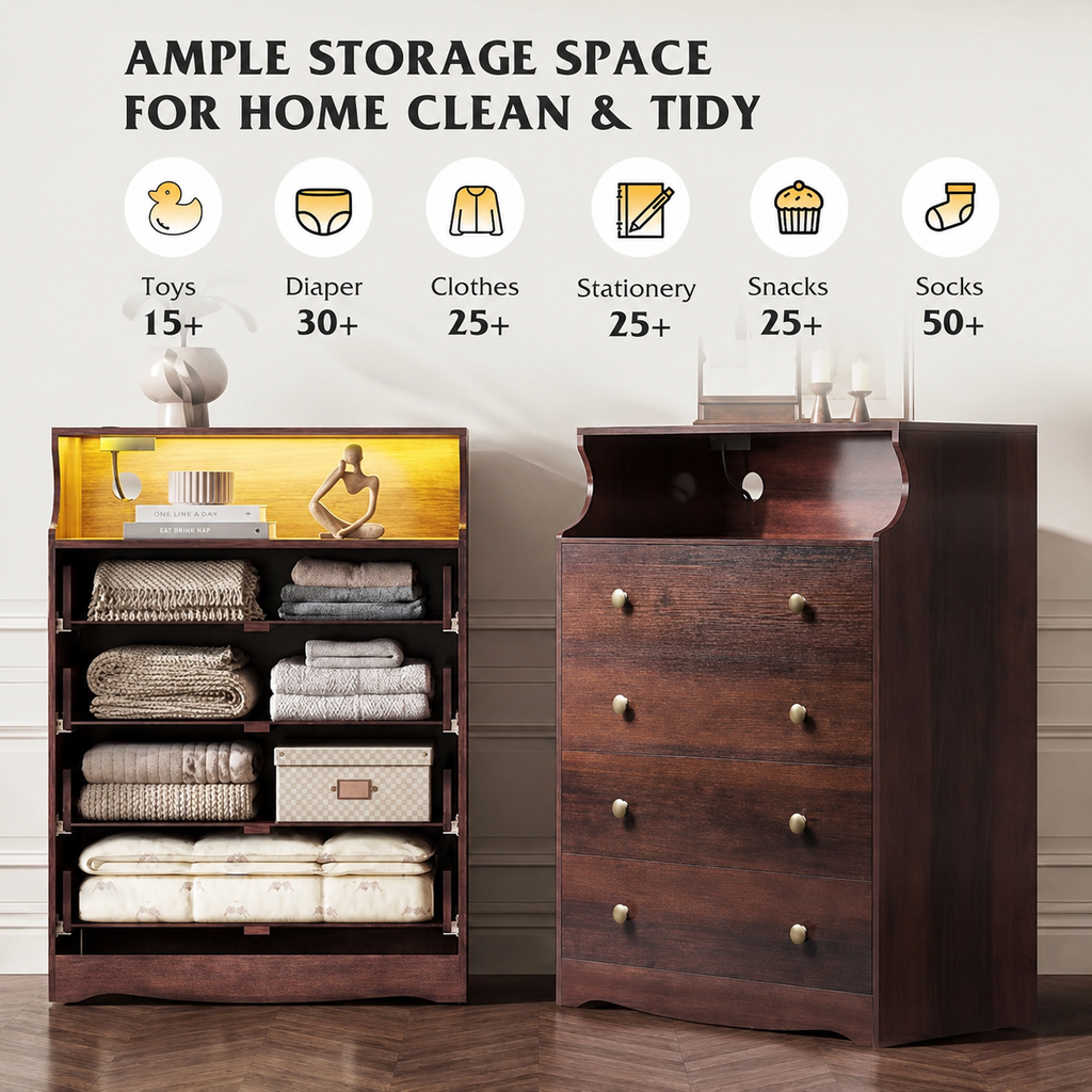 Rustic Brown Tall Wood TV Stand with 4 Drawers & Open Shelf TV Console with Built-in Power Outlet for Living Room, Office