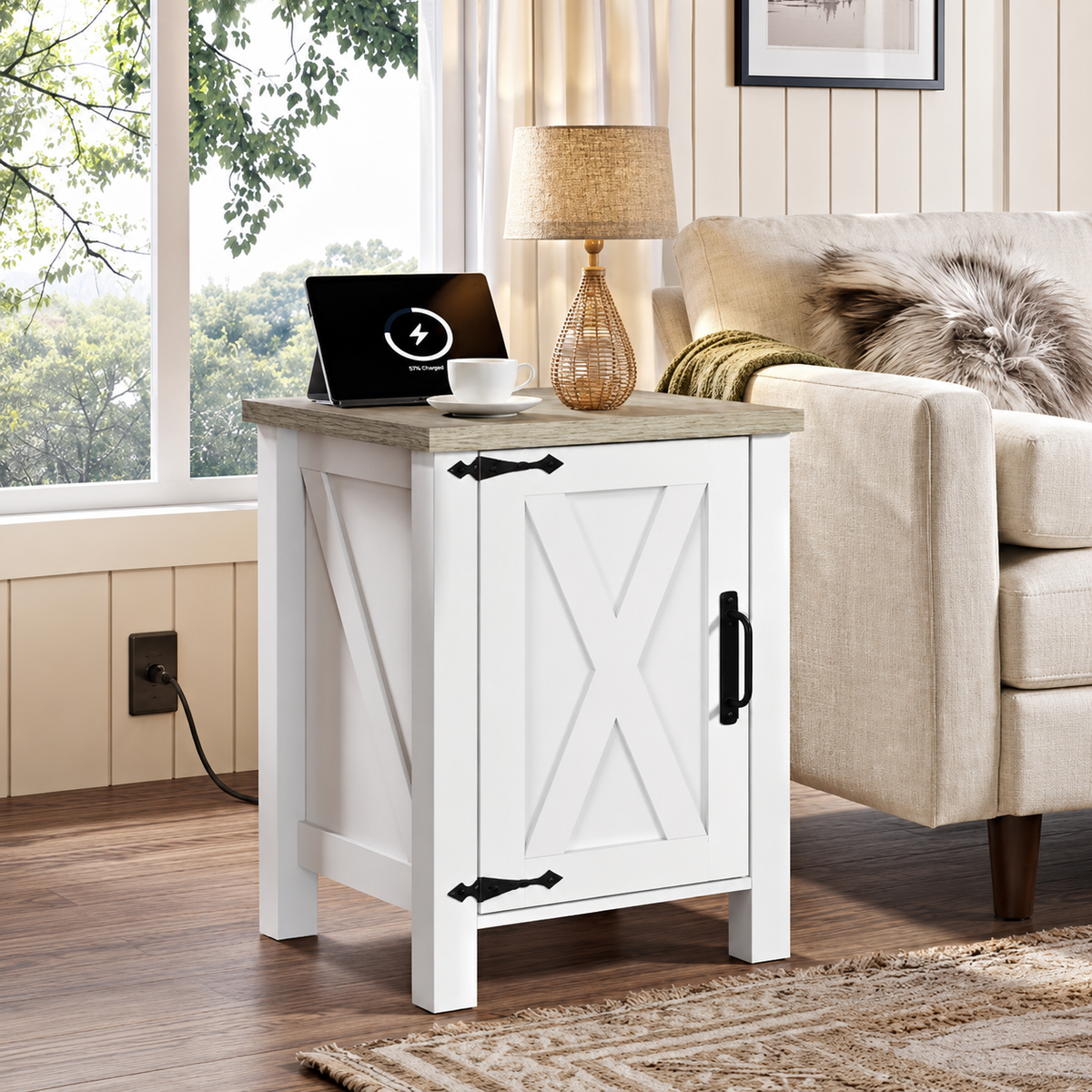 White Farmhouse Nightstand with Charging Station, End Table with Barn Door and Adjustable Storage Shelf, Rustic Wood Night Stand, 18" Modern Bedside Table for Bedroom, White