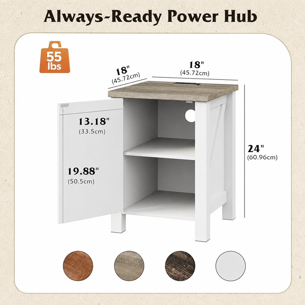 White Farmhouse Nightstand with Charging Station, End Table with Barn Door and Adjustable Storage Shelf, Rustic Wood Night Stand, 18" Modern Bedside Table for Bedroom, White