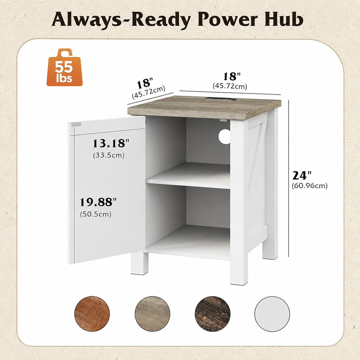 White Farmhouse Nightstand with Charging Station, End Table with Barn Door and Adjustable Storage Shelf, Rustic Wood Night Stand, 18" Modern Bedside Table for Bedroom, White