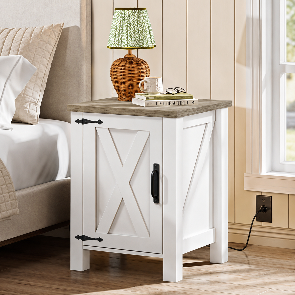 White Farmhouse Nightstand with Charging Station, End Table with Barn Door and Adjustable Storage Shelf, Rustic Wood Night Stand, 18" Modern Bedside Table for Bedroom, White