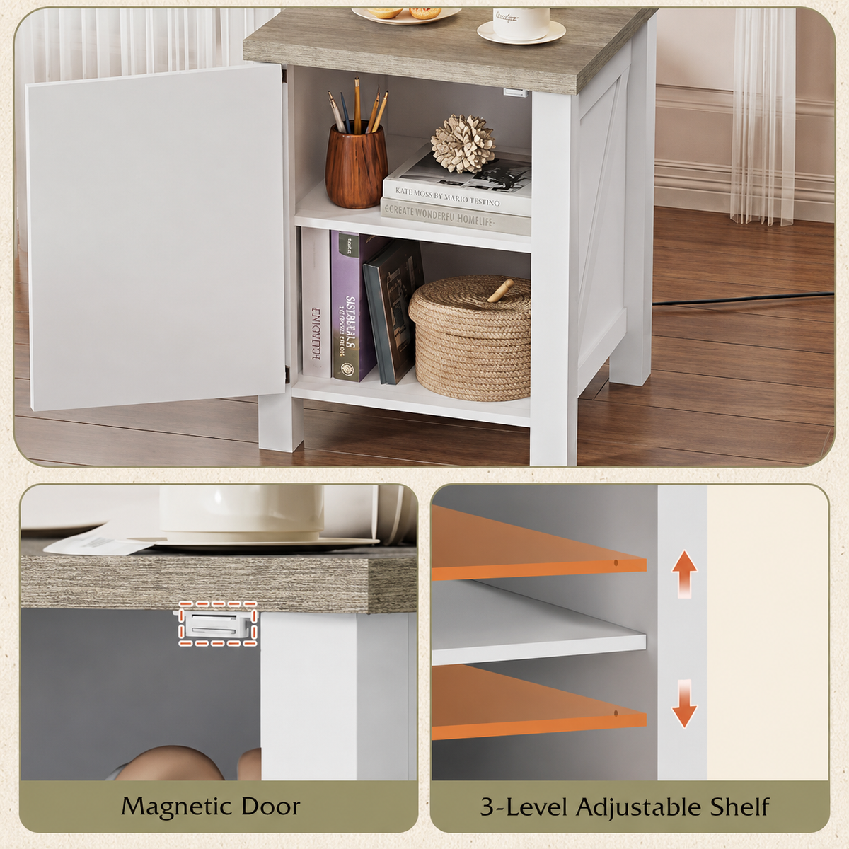 White Farmhouse Nightstand with Charging Station, End Table with Barn Door and Adjustable Storage Shelf, Rustic Wood Night Stand, 18" Modern Bedside Table for Bedroom, White