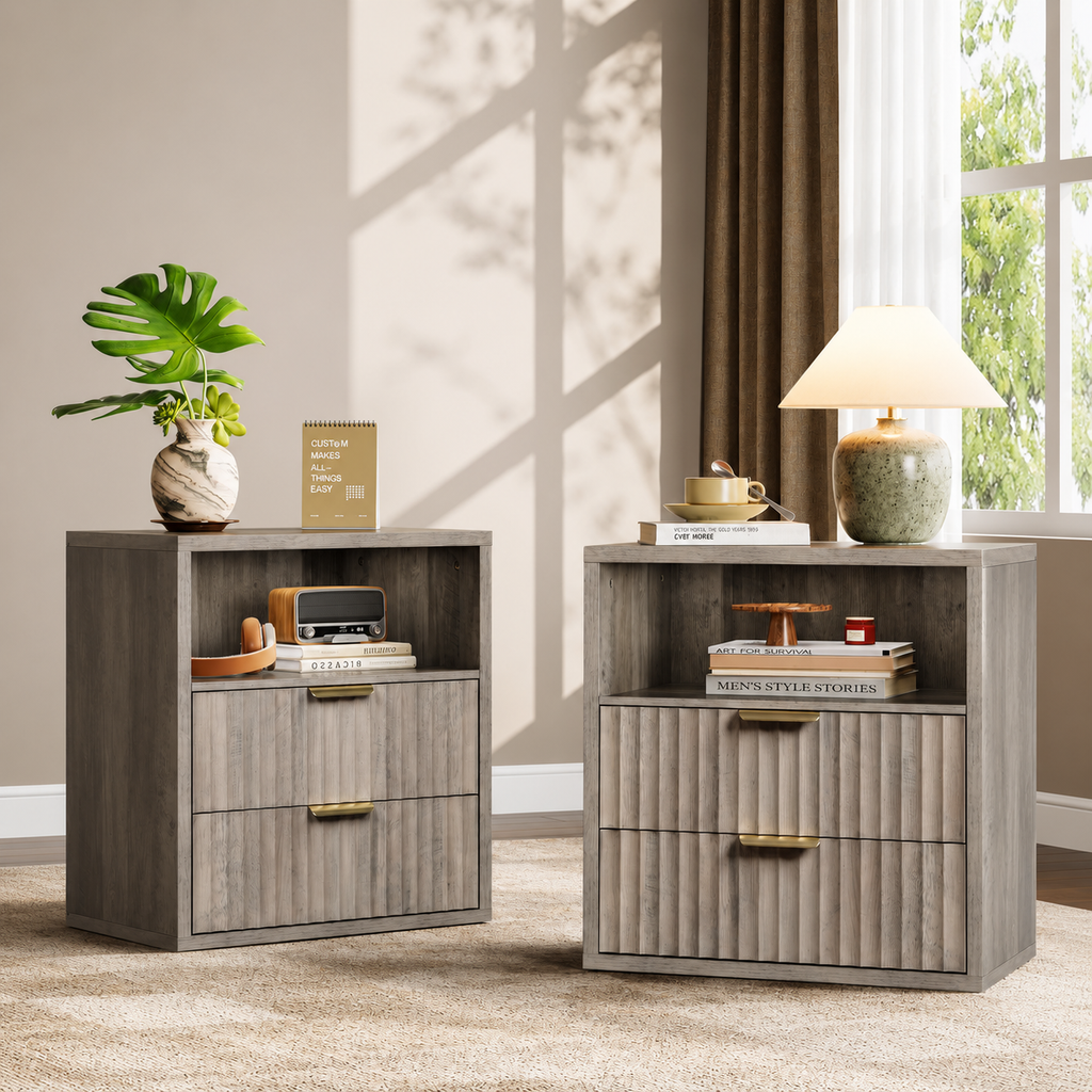 Wood Night Stand, Fluted Nightstands Sets of 2 with Drawers, Greige | Farmhouse Night Stand Set 2 with Open Shelf, 23.62''Wide Bedside Table with Waterproof Top, Side Tables Bedroom, Dorm, Closet