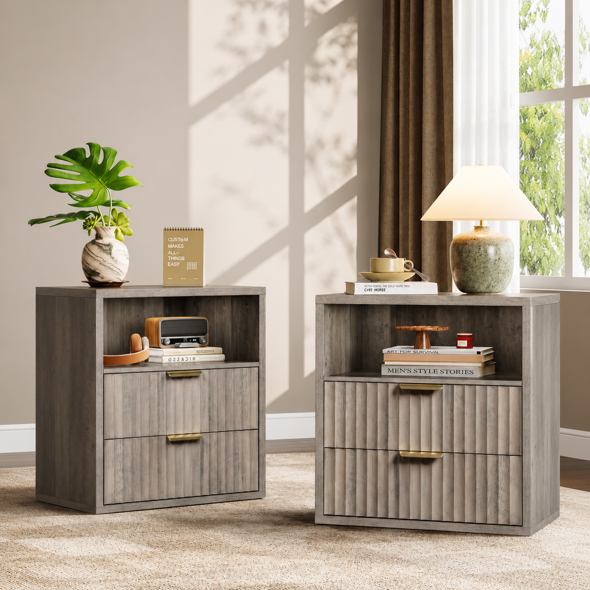 Wood Night Stand, Fluted Nightstands Sets of 2 with Drawers, Greige | Farmhouse Night Stand Set 2 with Open Shelf, 23.62''Wide Bedside Table with Waterproof Top, Side Tables Bedroom, Dorm, Closet