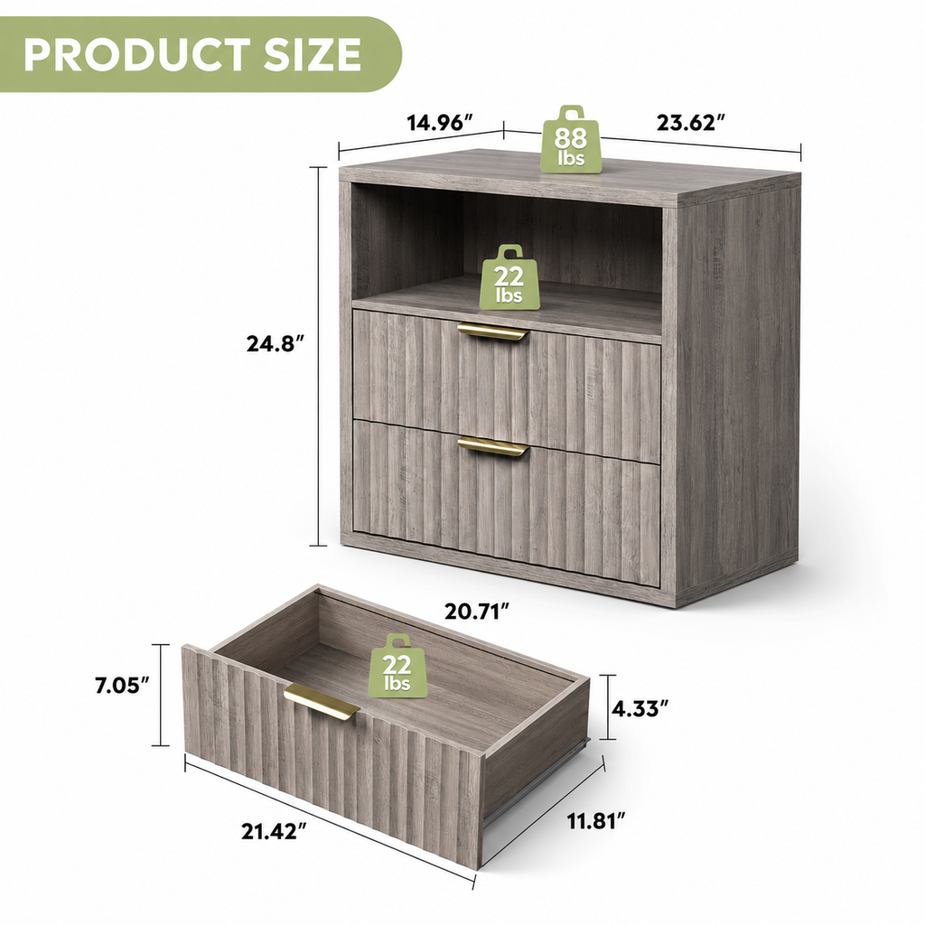Wood Night Stand, Fluted Nightstands Sets of 2 with Drawers, Greige | Farmhouse Night Stand Set 2 with Open Shelf, 23.62''Wide Bedside Table with Waterproof Top, Side Tables Bedroom, Dorm, Closet