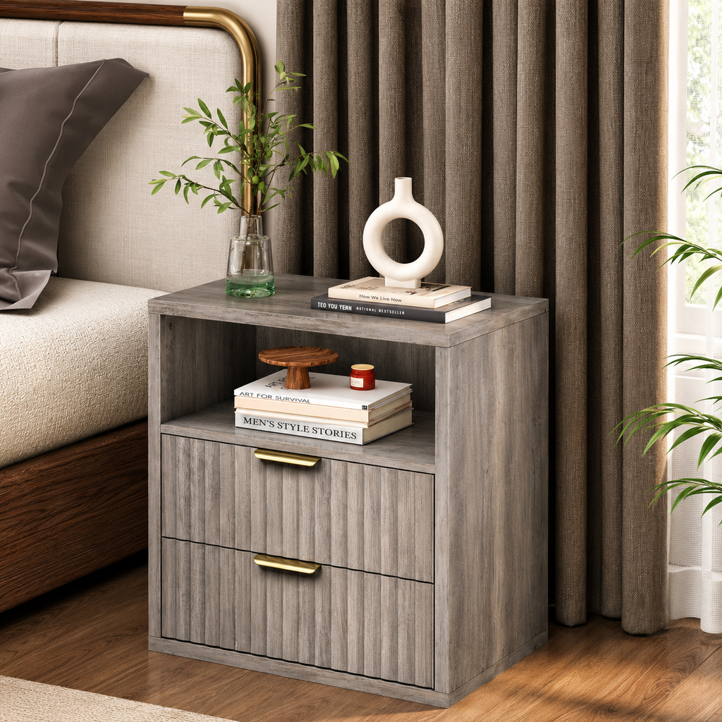 Wood Night Stand, Fluted Nightstands Sets of 2 with Drawers, Greige | Farmhouse Night Stand Set 2 with Open Shelf, 23.62''Wide Bedside Table with Waterproof Top, Side Tables Bedroom, Dorm, Closet