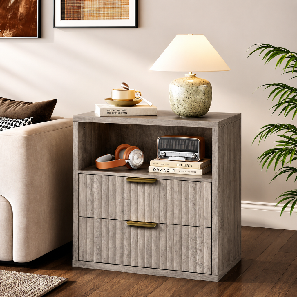 Wood Night Stand, Fluted Nightstands Sets of 2 with Drawers, Greige | Farmhouse Night Stand Set 2 with Open Shelf, 23.62''Wide Bedside Table with Waterproof Top, Side Tables Bedroom, Dorm, Closet