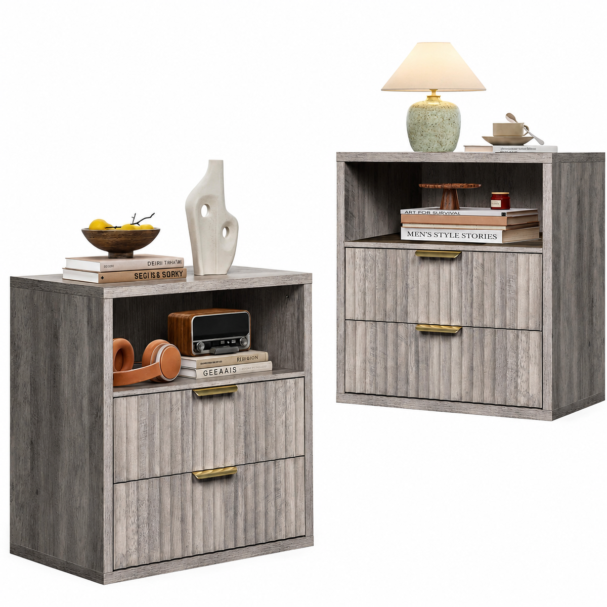 Wood Night Stand, Fluted Nightstands Sets of 2 with Drawers, Greige | Farmhouse Night Stand Set 2 with Open Shelf, 23.62''Wide Bedside Table with Waterproof Top, Side Tables Bedroom, Dorm, Closet