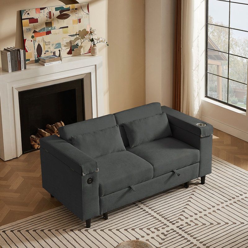 Dark Grey Chenille Convertible Sofa with Side Table, USB Port, and Hidden Storage for Modern Living