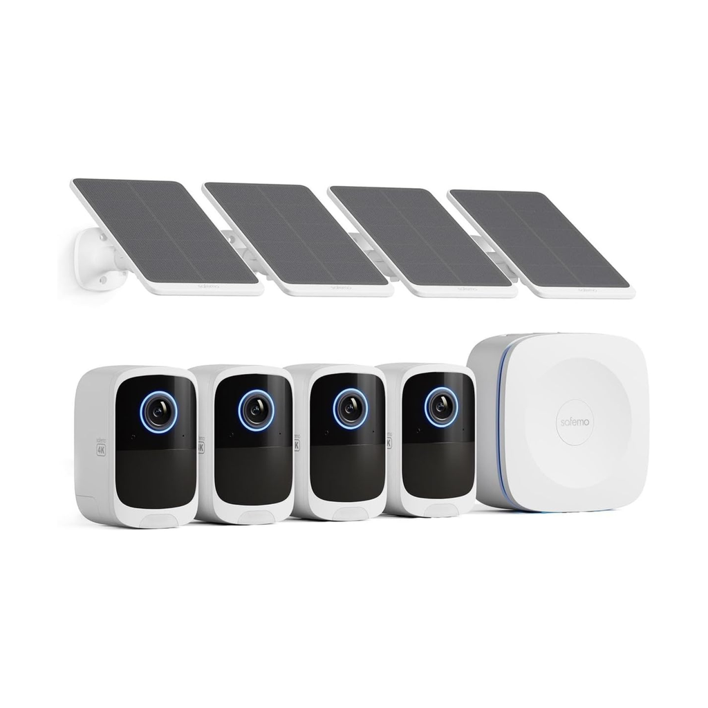 Set of security cameras with solar panels on a white background