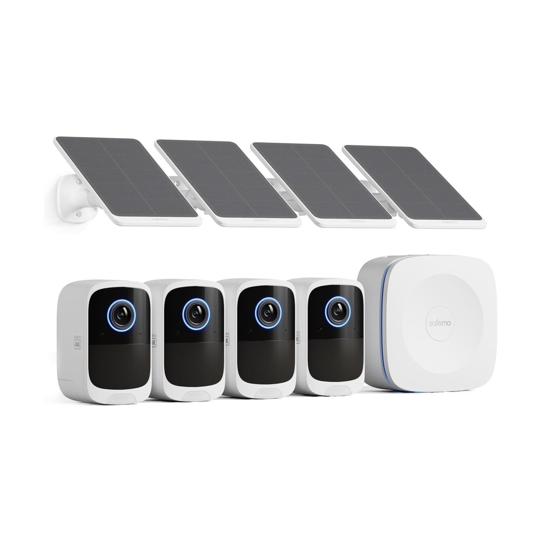 Set of security cameras with solar panels on a white background