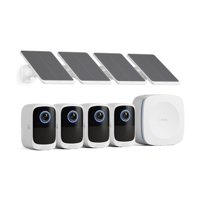 Set of security cameras with solar panels on a white background
