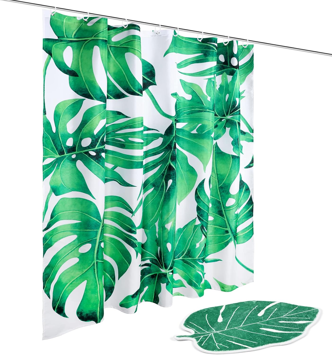 2 Pcs Tropical Green Plant Shower Curtain and Bath Rug Mat, Leaves Bathroom Curtains with 12 Hooks and Bath Mat