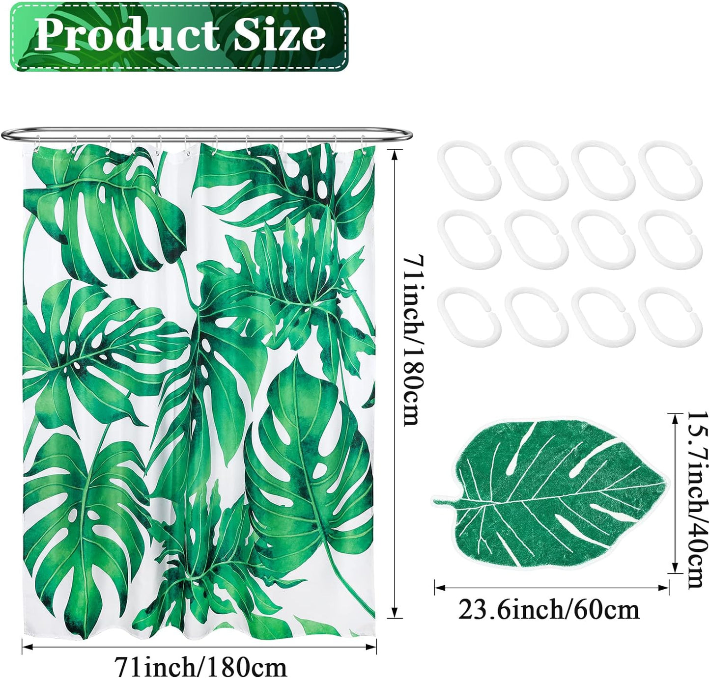 2 Pcs Tropical Green Plant Shower Curtain and Bath Rug Mat, Leaves Bathroom Curtains with 12 Hooks and Bath Mat