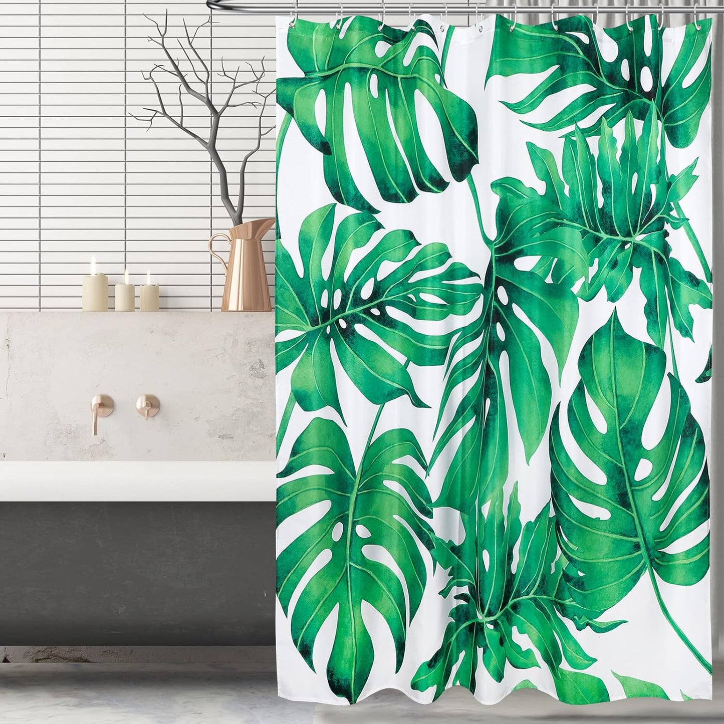 2 Pcs Tropical Green Plant Shower Curtain and Bath Rug Mat, Leaves Bathroom Curtains with 12 Hooks and Bath Mat