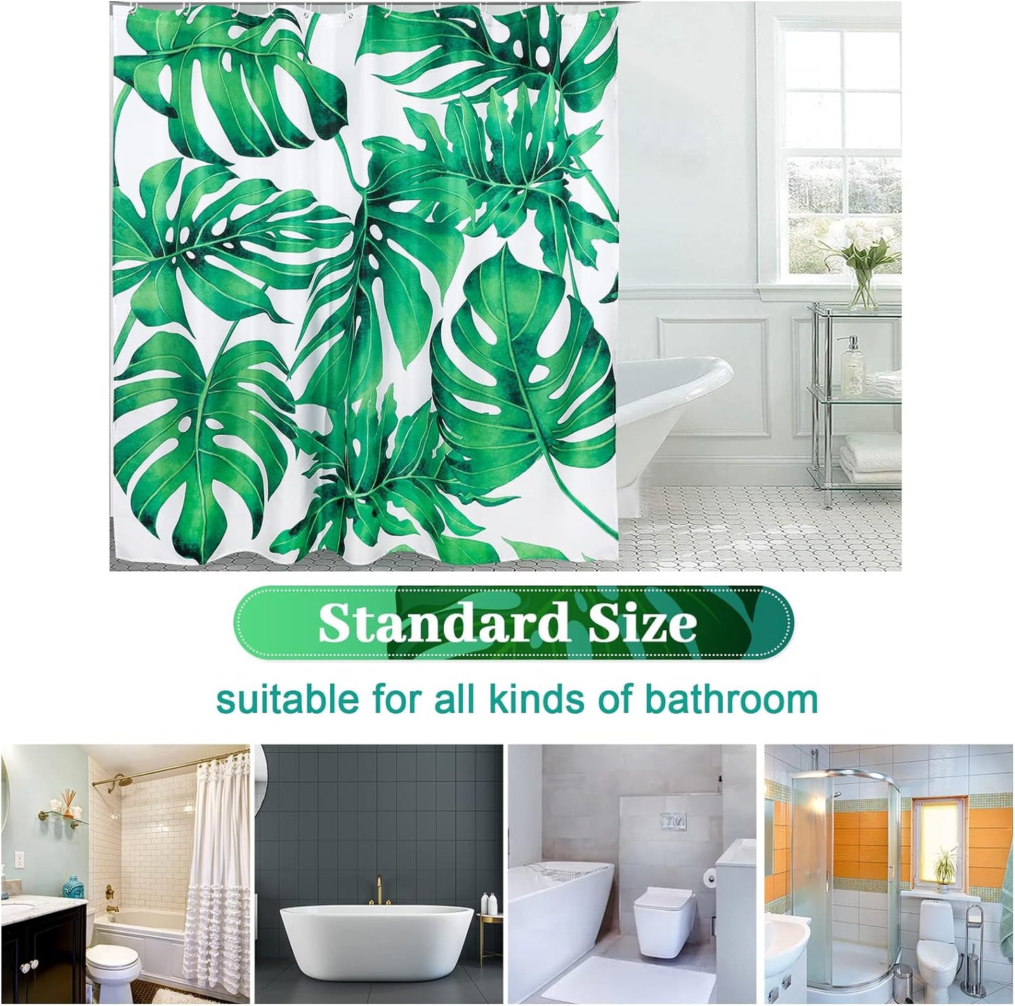 2 Pcs Tropical Green Plant Shower Curtain and Bath Rug Mat, Leaves Bathroom Curtains with 12 Hooks and Bath Mat