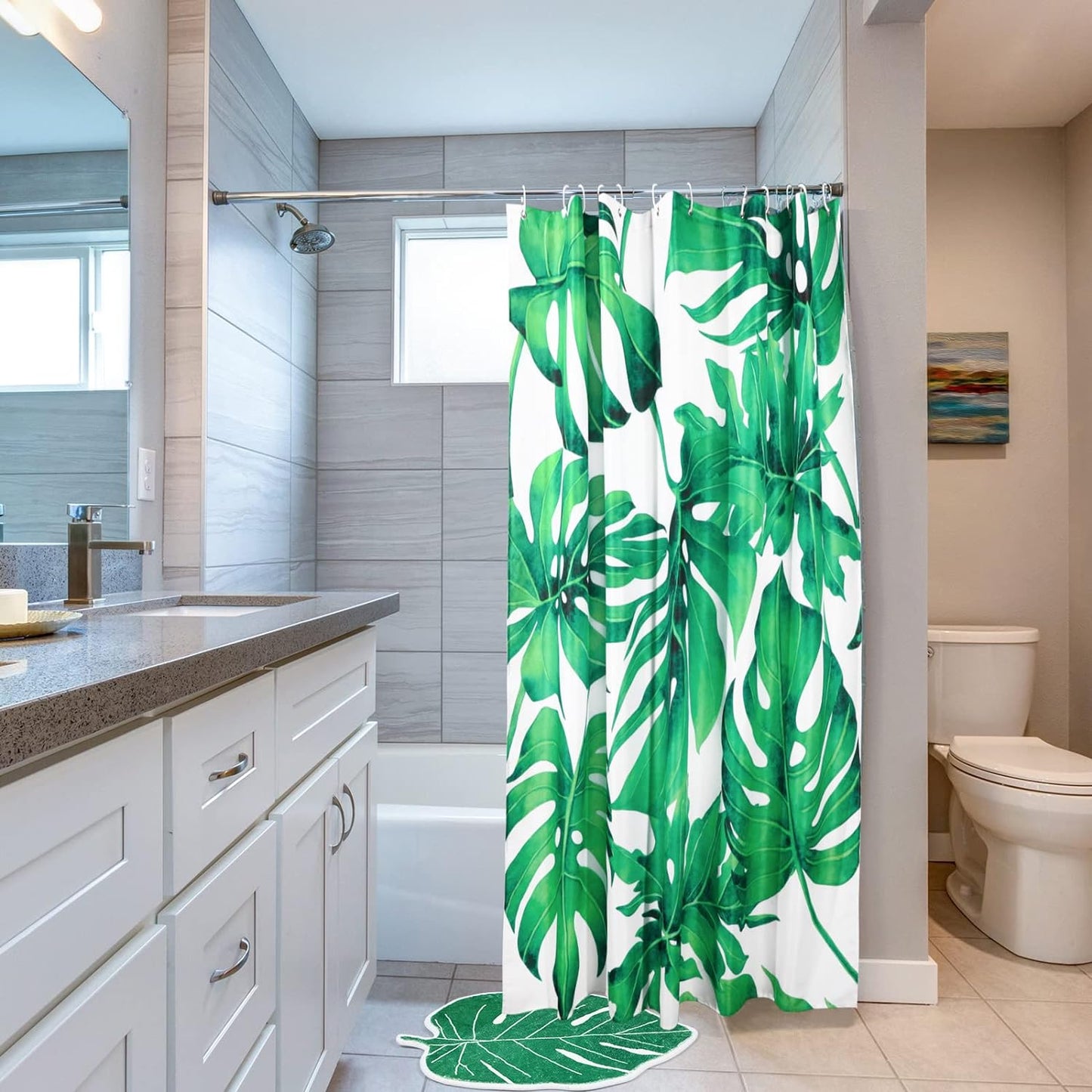 2 Pcs Tropical Green Plant Shower Curtain and Bath Rug Mat, Leaves Bathroom Curtains with 12 Hooks and Bath Mat