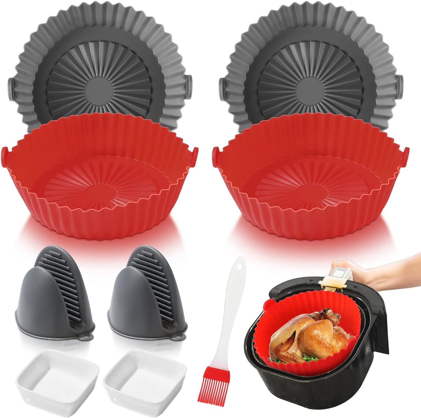 9 Piece Silicone Air Fryer Liners Set, Including 6.5 Inch Silicone Air Fryer Basket Pot