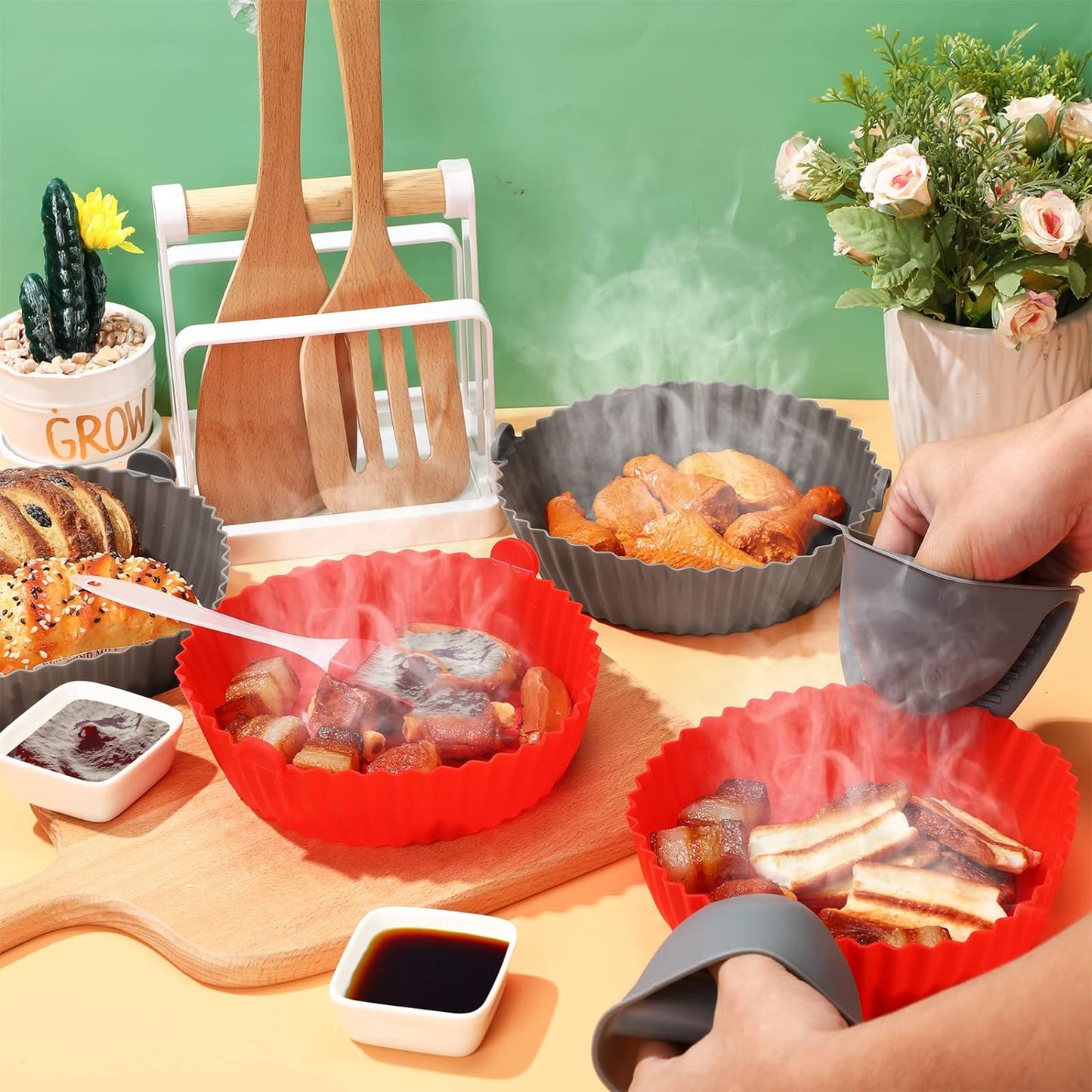 9 Piece Silicone Air Fryer Liners Set, Including 6.5 Inch Silicone Air Fryer Basket Pot