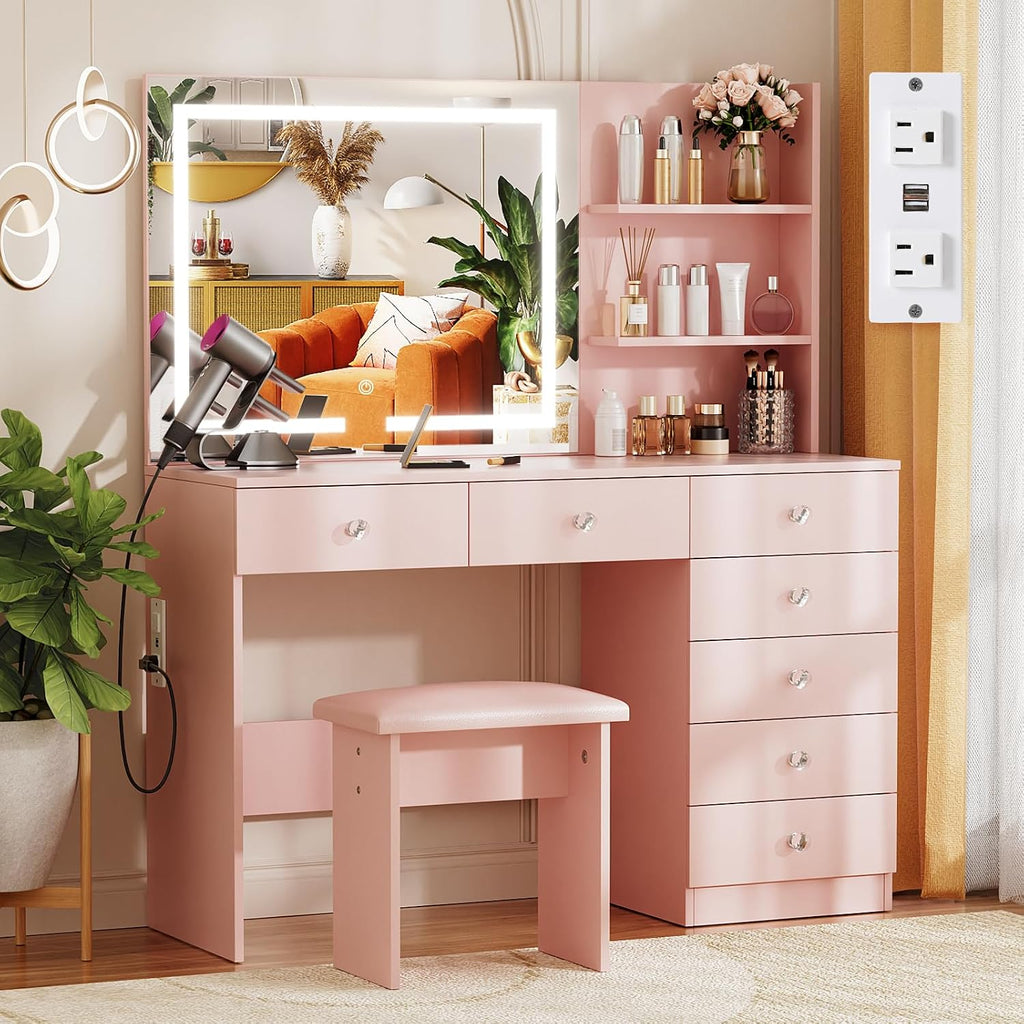 VOWNER Pink Vanity with Lighted Mirror - 47" Makeup Vanity Desk with 7 Drawers