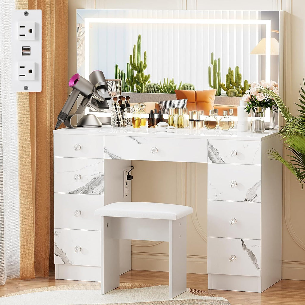 VOWNER Vanity with Lighted Mirror - Makeup Vanity Desk(MARBLE)