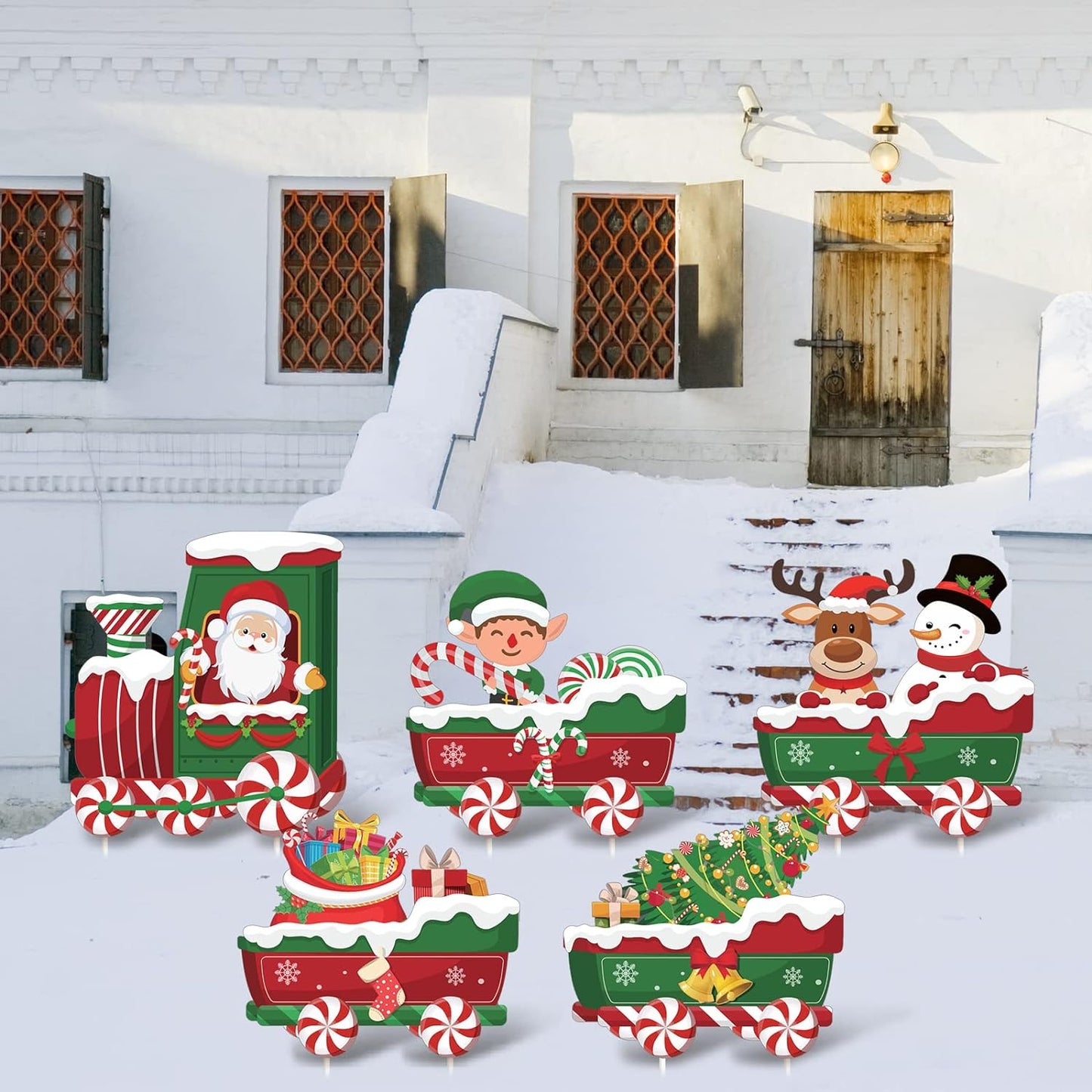 5 Pcs Christmas Decorations Outdoor Christmas Train Yard Sign with Stakes Santa Snowman Elf Candy Christmas Tree