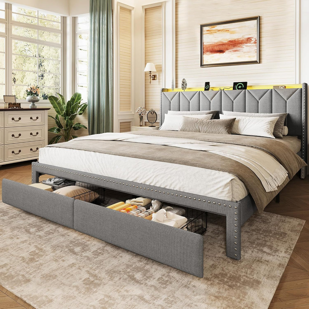 King Size Upholstered Bed Frame with 2 Drawers