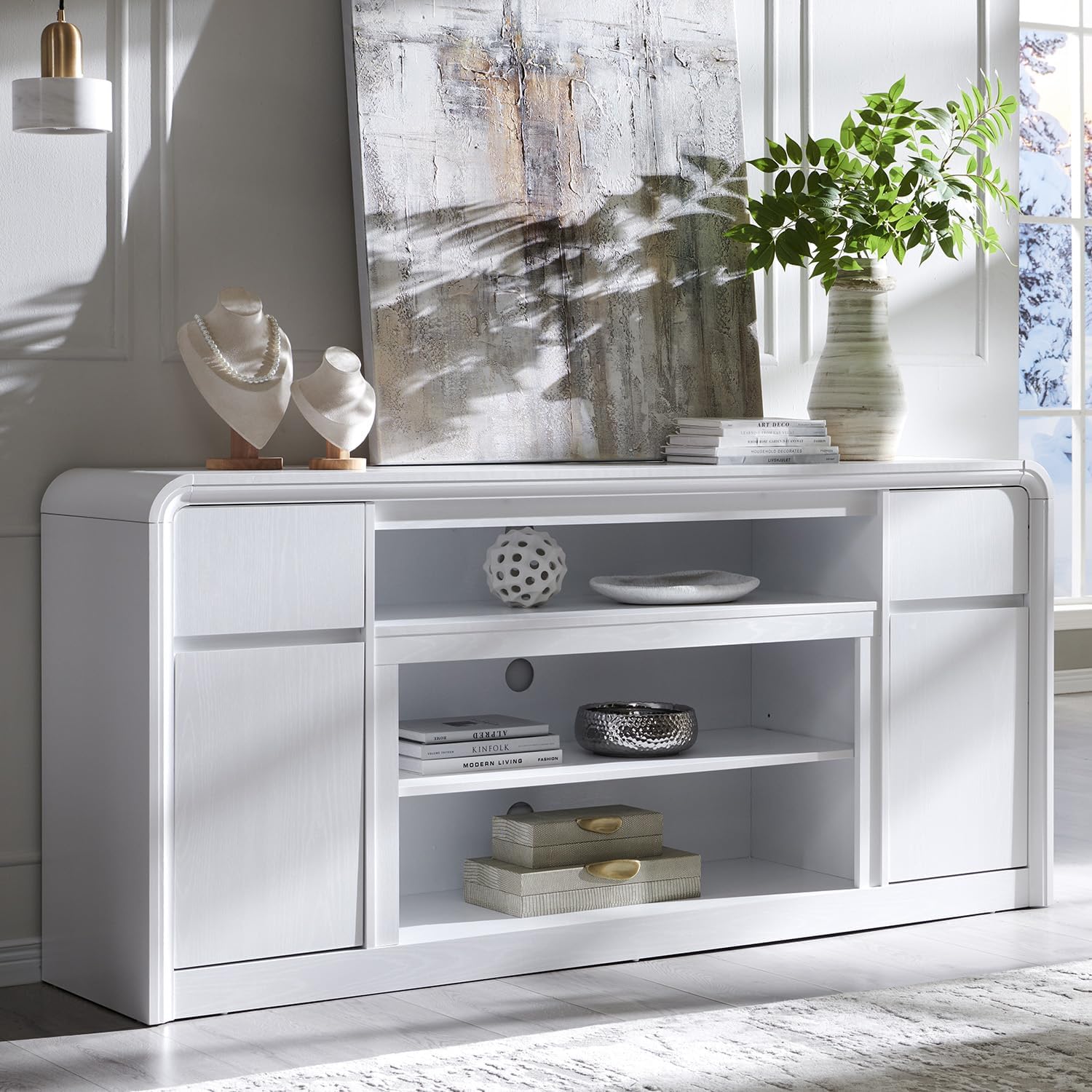 Modern TV Stand for 80 Inch TVs, 32"Tall Entertainment Center w/Storage Cabinet& drawers