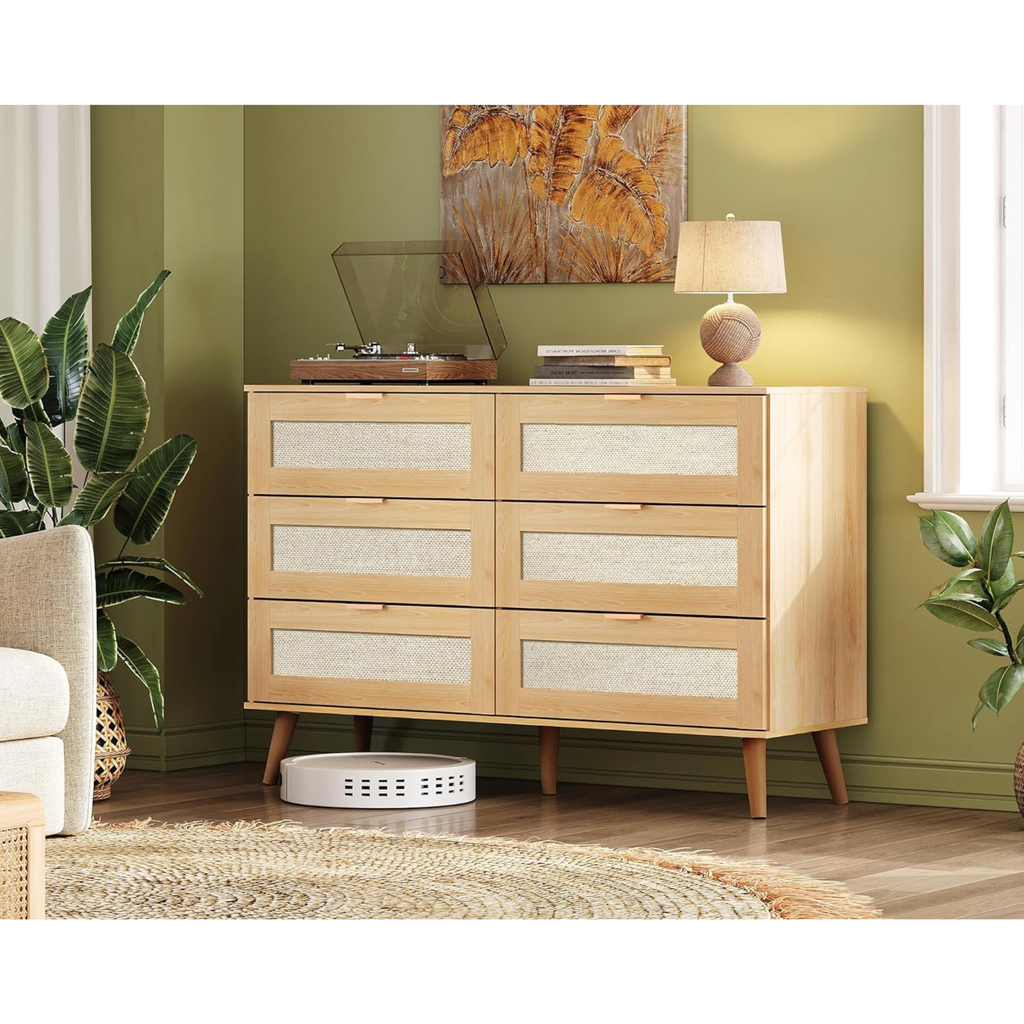 6 Drawer Ratten Dresser ( Light Oak, White )