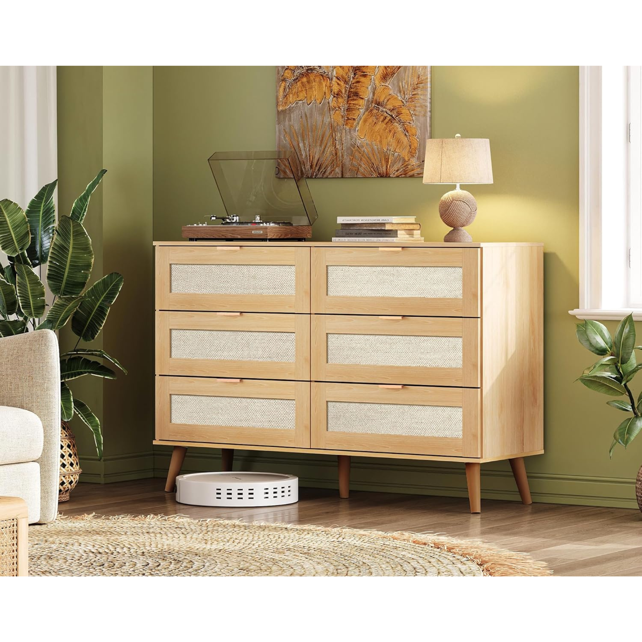 6 Drawer Ratten Dresser ( Light Oak, White )