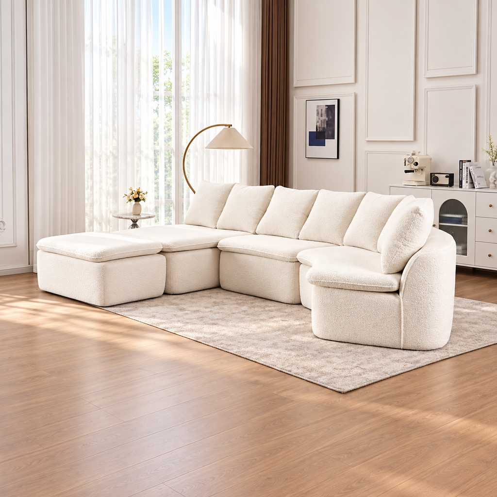 Luxury 133.86" Modular U-Shaped Sectional Sofa with Ottoman – Milk White Chenille Upholstery, Deep Cushions & Flexible Seating Design