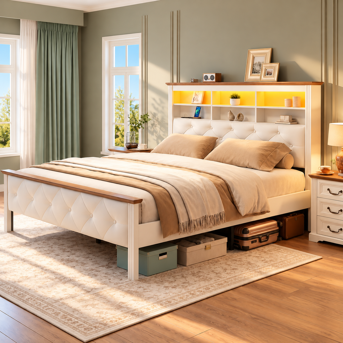 Farmhouse Full Bed Frame with 51" (82"L)Tall Headboard, Upholstered Full Size Bed Frame with Storage, Charging Station and LED Light, Heavy Duty Wooden Slats, No Box Spring Needed，White