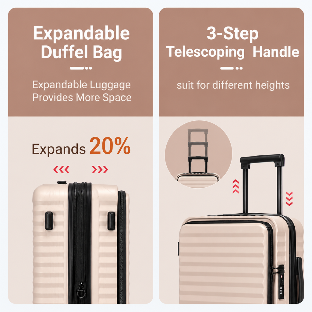 3-Piece Carry-On Beige Luggage Set with 20-Inch Expandable Hardside Suitcase, Travel Backpack & Toiletry Bag – Front Opening, TSA Lock & 360° Spinner Wheels