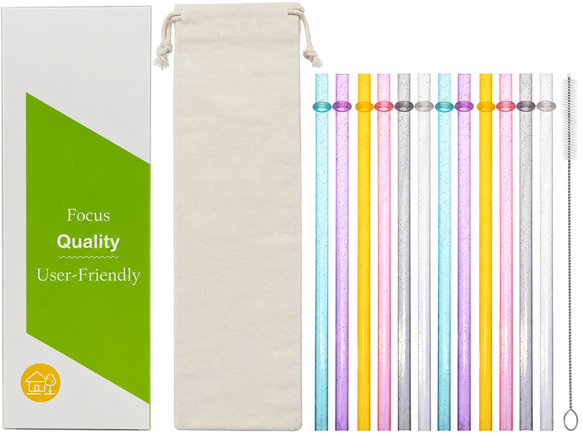 12 PCS Translucent Silver Glitter Reusable Straws Mix Colors for Light Smoothie, Iced Coffee & Drinks, 9" Hard Plastic Straws Fit Most 16 to 20oz Tumbler, Cleaning Brush & Canvas Bag Incl.