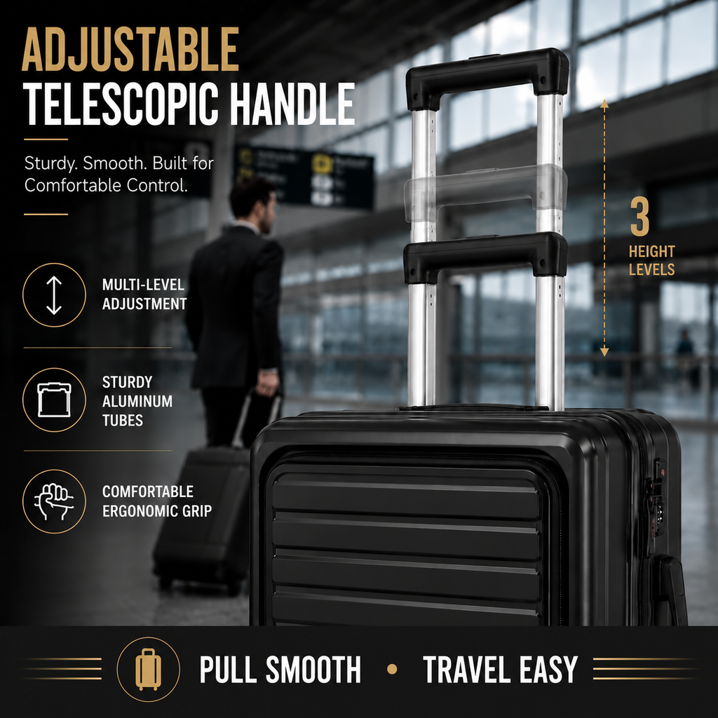 3 Piece Carry On Black Luggage Set, 20 Inch Front Opening Hardside Suitcase, Spinner Wheels, TSA Lock