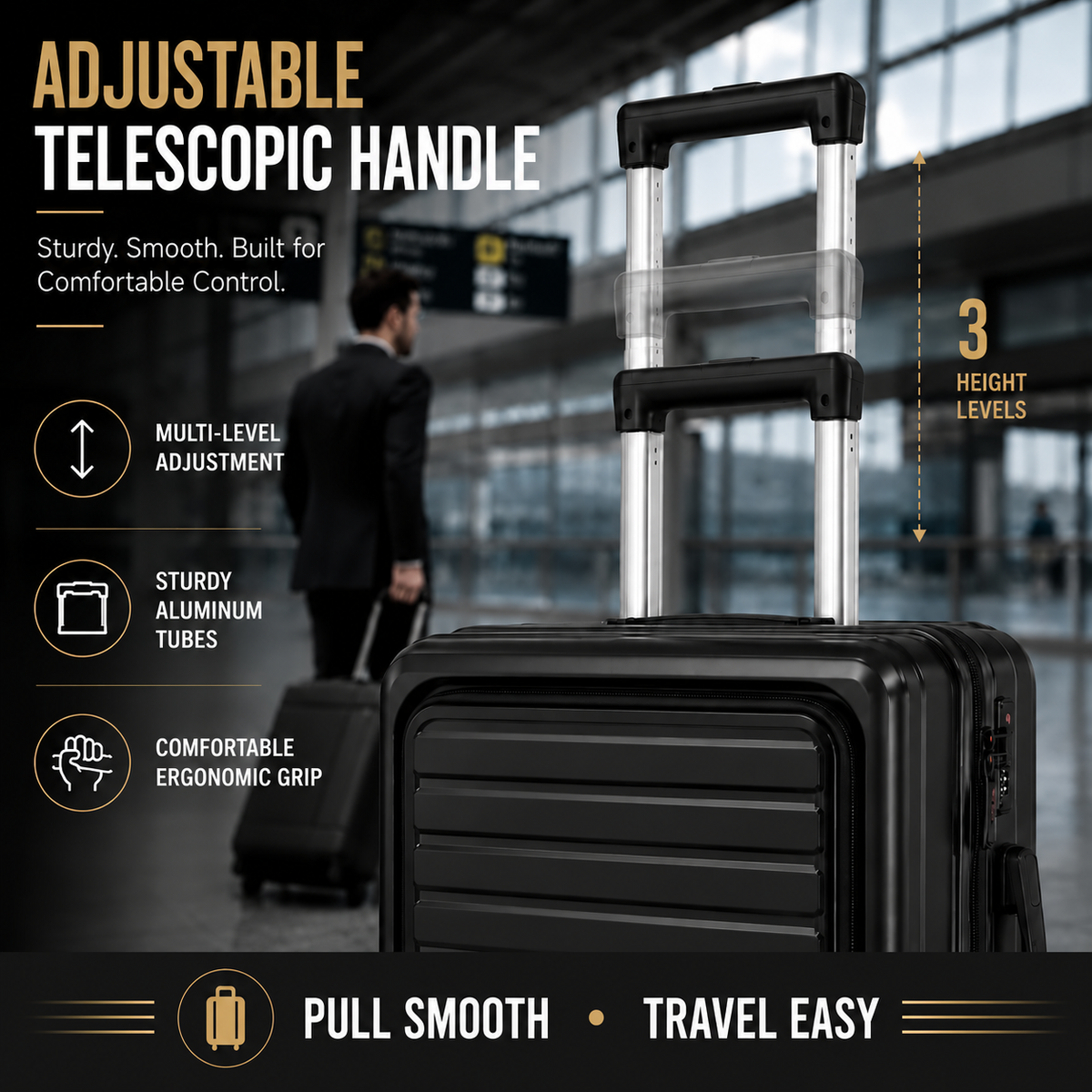 3 Piece Carry On Black Luggage Set, 20 Inch Front Opening Hardside Suitcase, Spinner Wheels, TSA Lock