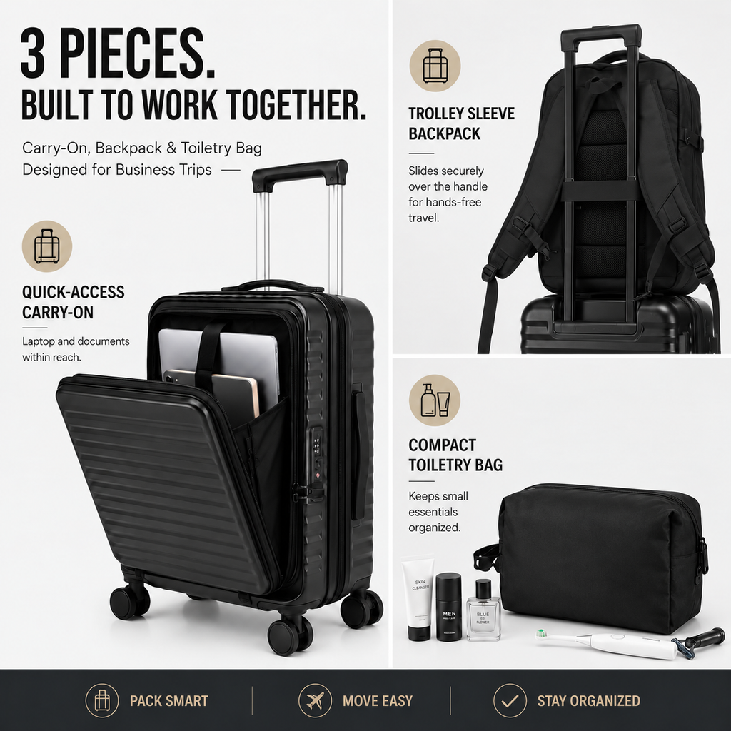 3 Piece Carry On Black Luggage Set, 20 Inch Front Opening Hardside Suitcase, Spinner Wheels, TSA Lock