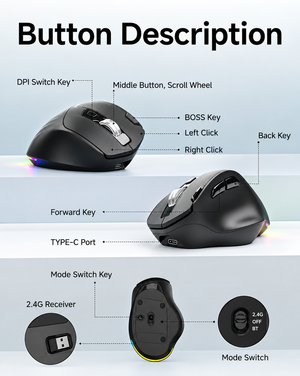C2 Ergonomic Mouse, Wireless Computer Mouse (BT&2.4G) for Work/Office, 5 Adjustable 4000 DPI, Quiet Clicks, RGB Light, Battery Rechargeable Comfort Grip Bluetooth Mouse for Laptop/PC/Mac, Black