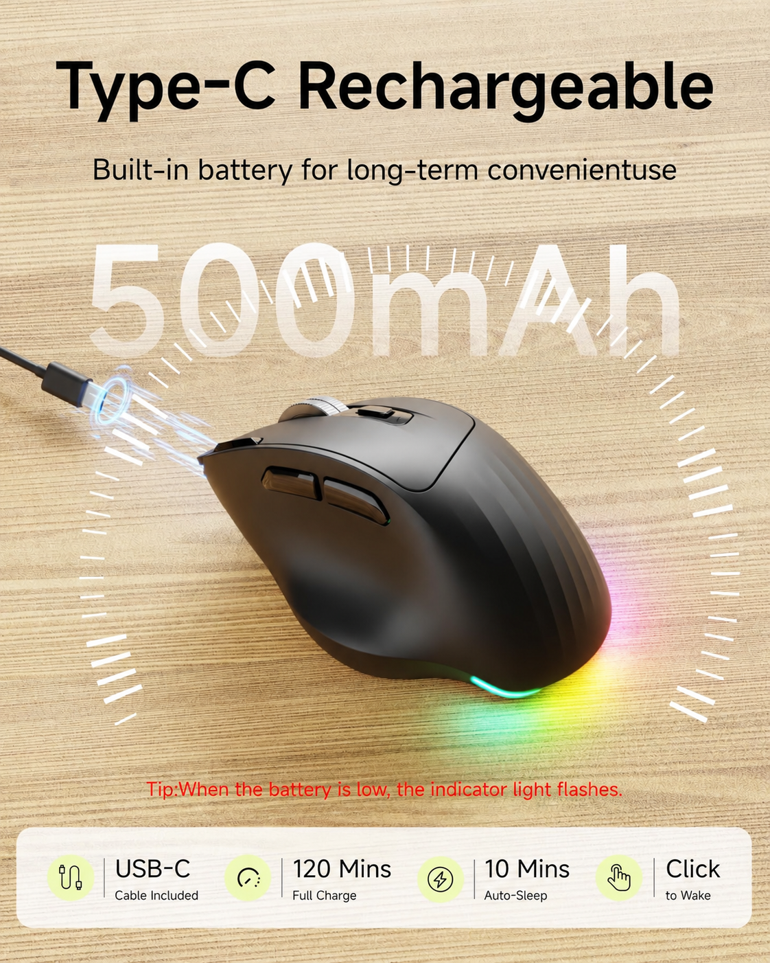 C2 Ergonomic Mouse, Wireless Computer Mouse (BT&2.4G) for Work/Office, 5 Adjustable 4000 DPI, Quiet Clicks, RGB Light, Battery Rechargeable Comfort Grip Bluetooth Mouse for Laptop/PC/Mac, Black