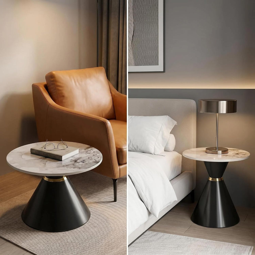 Round Nesting Coffee Table Set with Sintered Stone Top & Gold Accent, Black