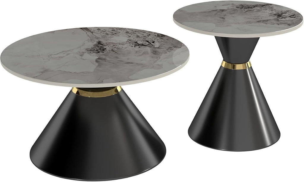 Round Nesting Coffee Table Set with Sintered Stone Top & Gold Accent, Black