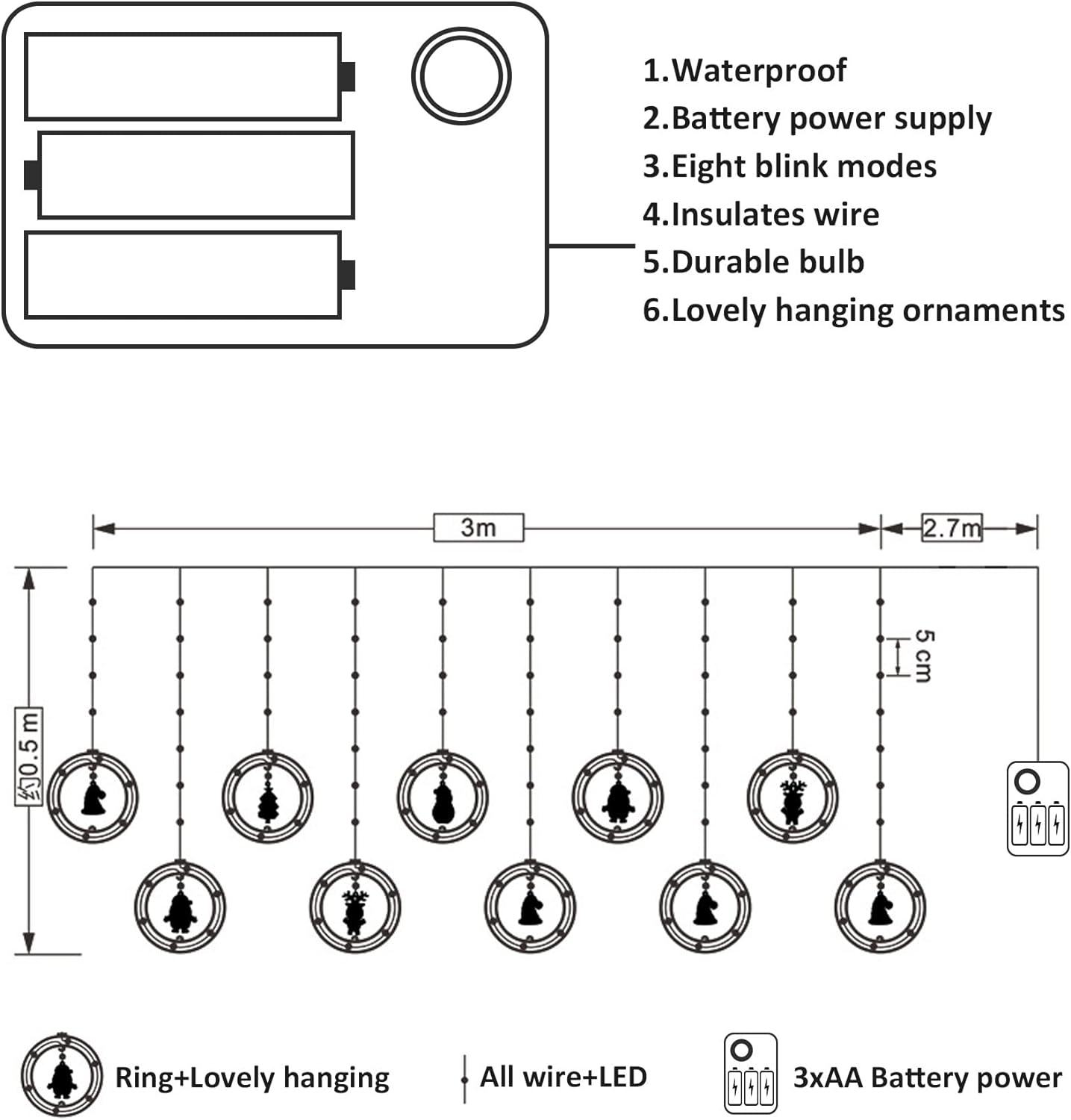 120 Led Lights 9.8ft Christmas Window Lights Indoor Decorations Round Santa Fairy String Lights