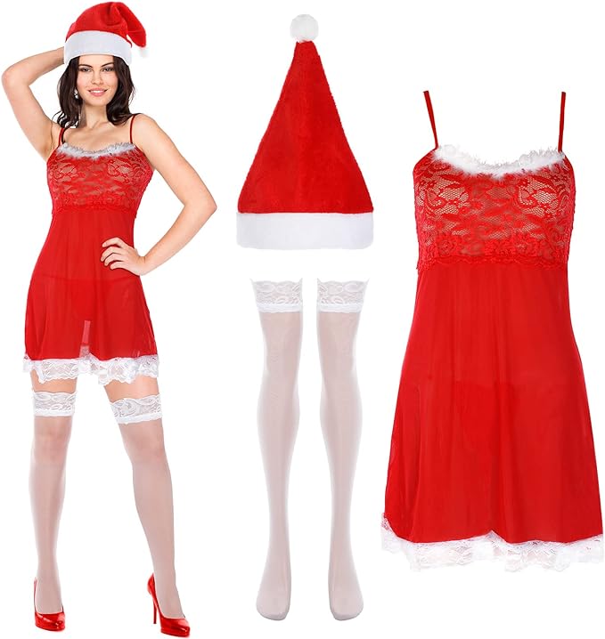 Women's Santa Christmas Costume Set,Sexy Dress Red Santa Babydolls Chemises Pantyhose Santa Hat Sockings and Underwear for Women