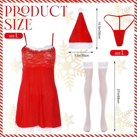 Women's Santa Christmas Costume Set,Sexy Dress Red Santa Babydolls Chemises Pantyhose Santa Hat Sockings and Underwear for Women