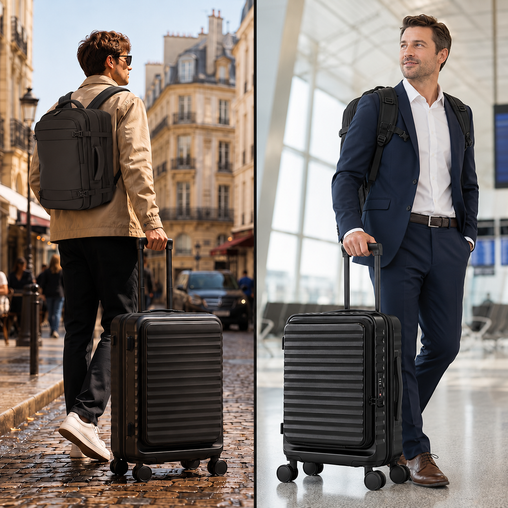 3 Piece Carry On Black Luggage Set, 20 Inch Front Opening Hardside Suitcase, Spinner Wheels, TSA Lock