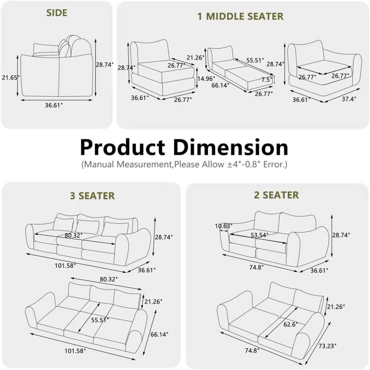 101.58''Modern 5-in-1 Convertible Folding Sofa Bed, Chenille Upholstered Boneless Couch(grey)